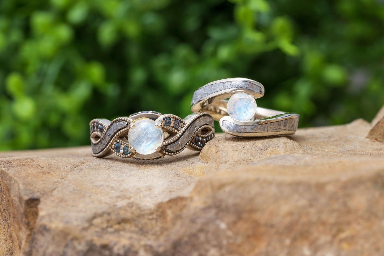 moonstone and meteorite engagement rings by Jewelry by Johan