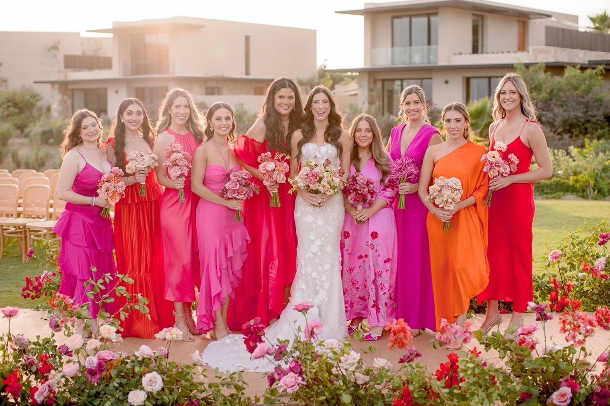 Colorful pink and red bridesmaid dresses