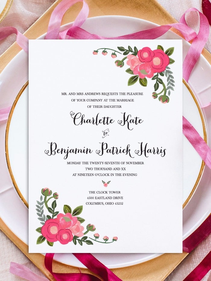 Pink Flowers Free Printable Invitation Templates